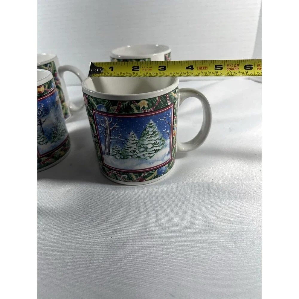 Vintage Sakura Christmas Scene Mugs by Sue Zipkin – Set of 4 (1995)